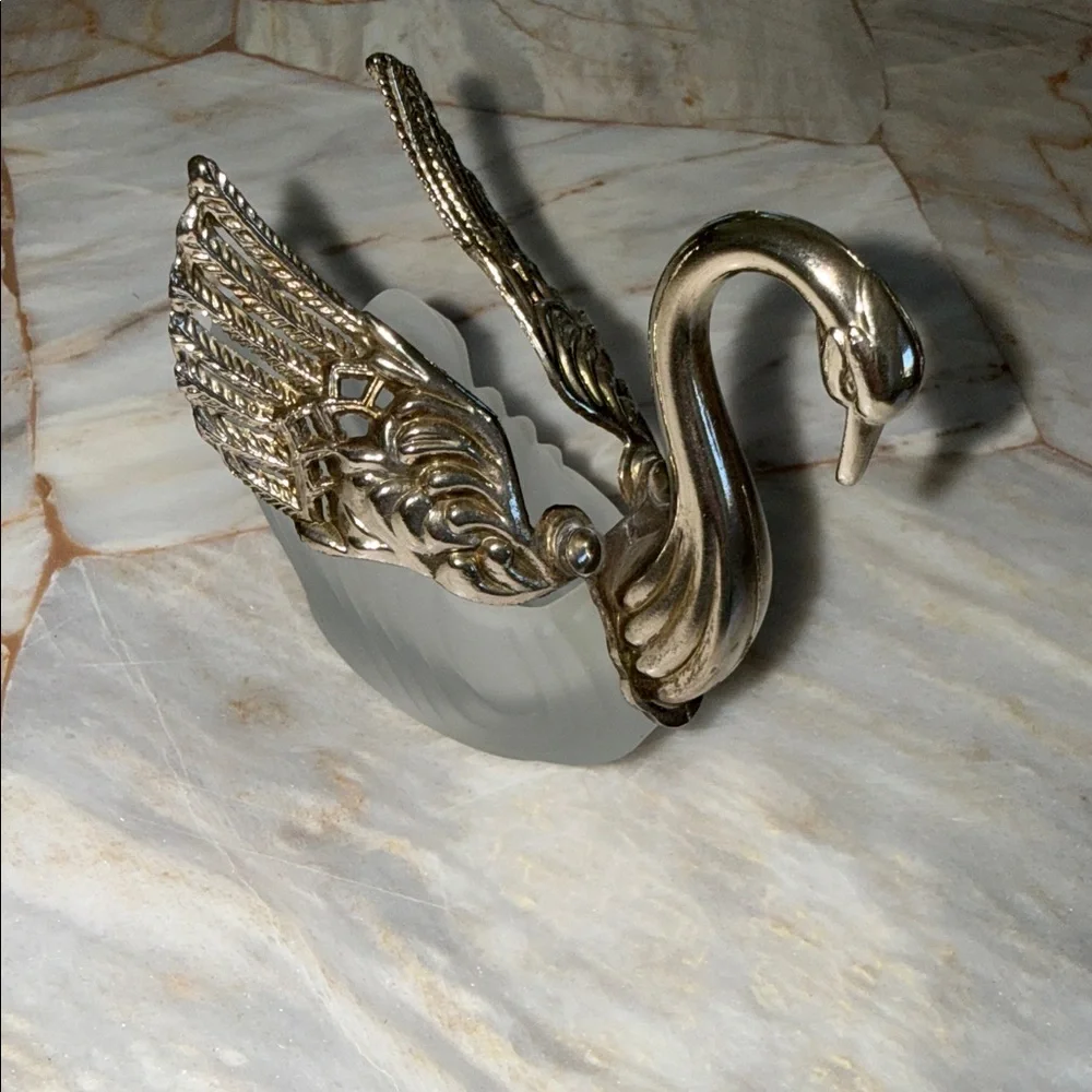 Vintage Frosted Glass Silver Tone Swan Figurine Articulated Filigree Wings